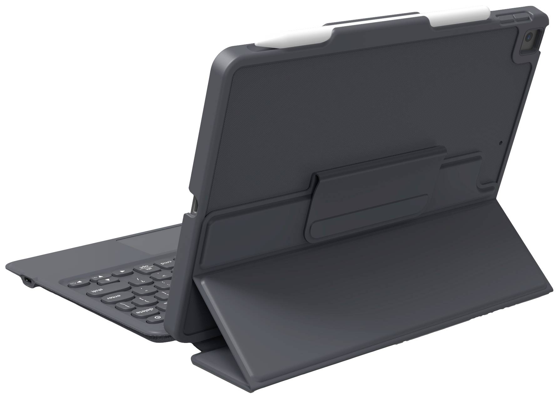 Tablet con custodia tastiera collegata in colore nero, vista posteriore, mostra il supporto pieghevole per il posizionamento verticale.