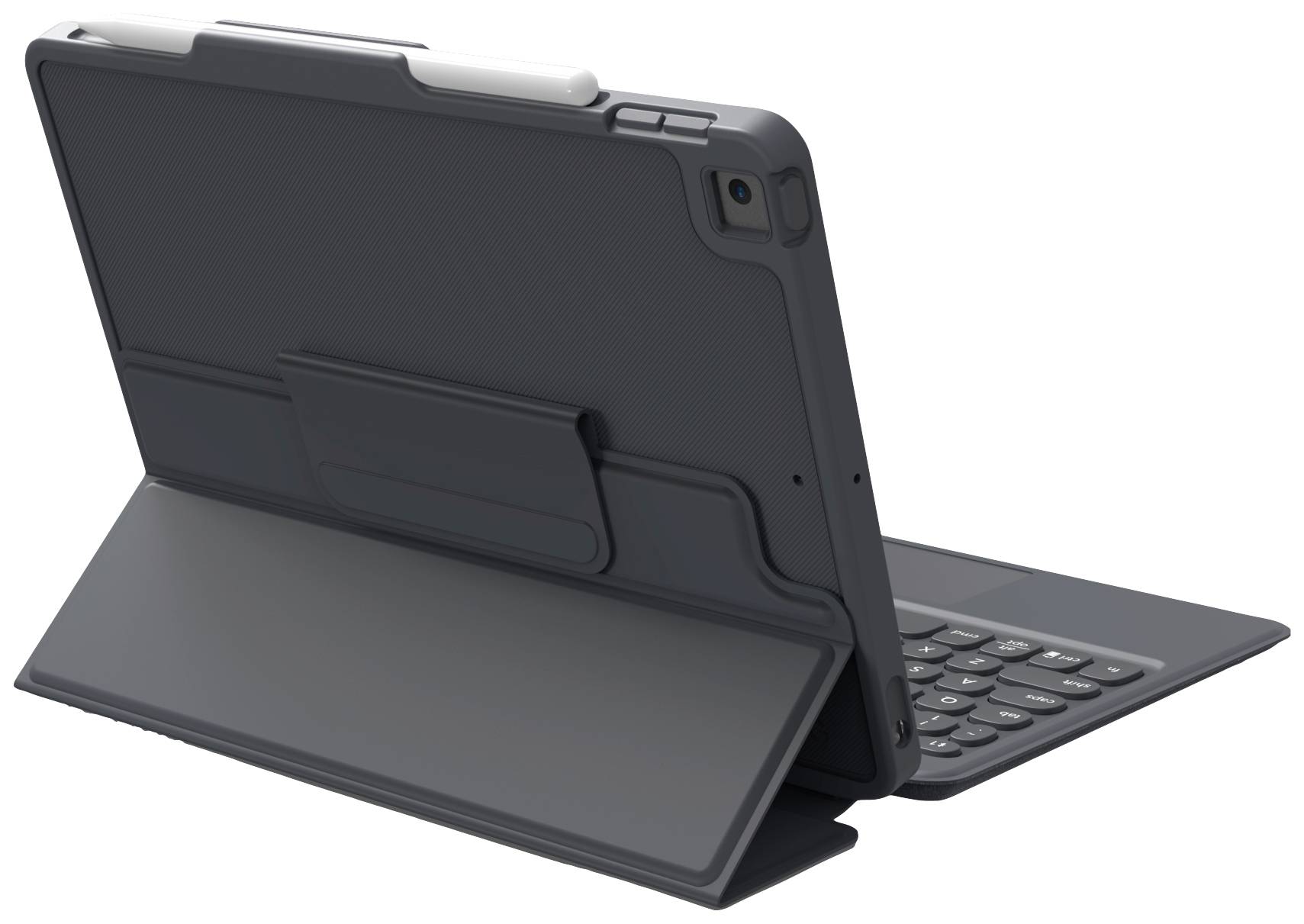 Tablet con custodia protettiva nera e tastiera integrata, visto di lato in posizione aperta.