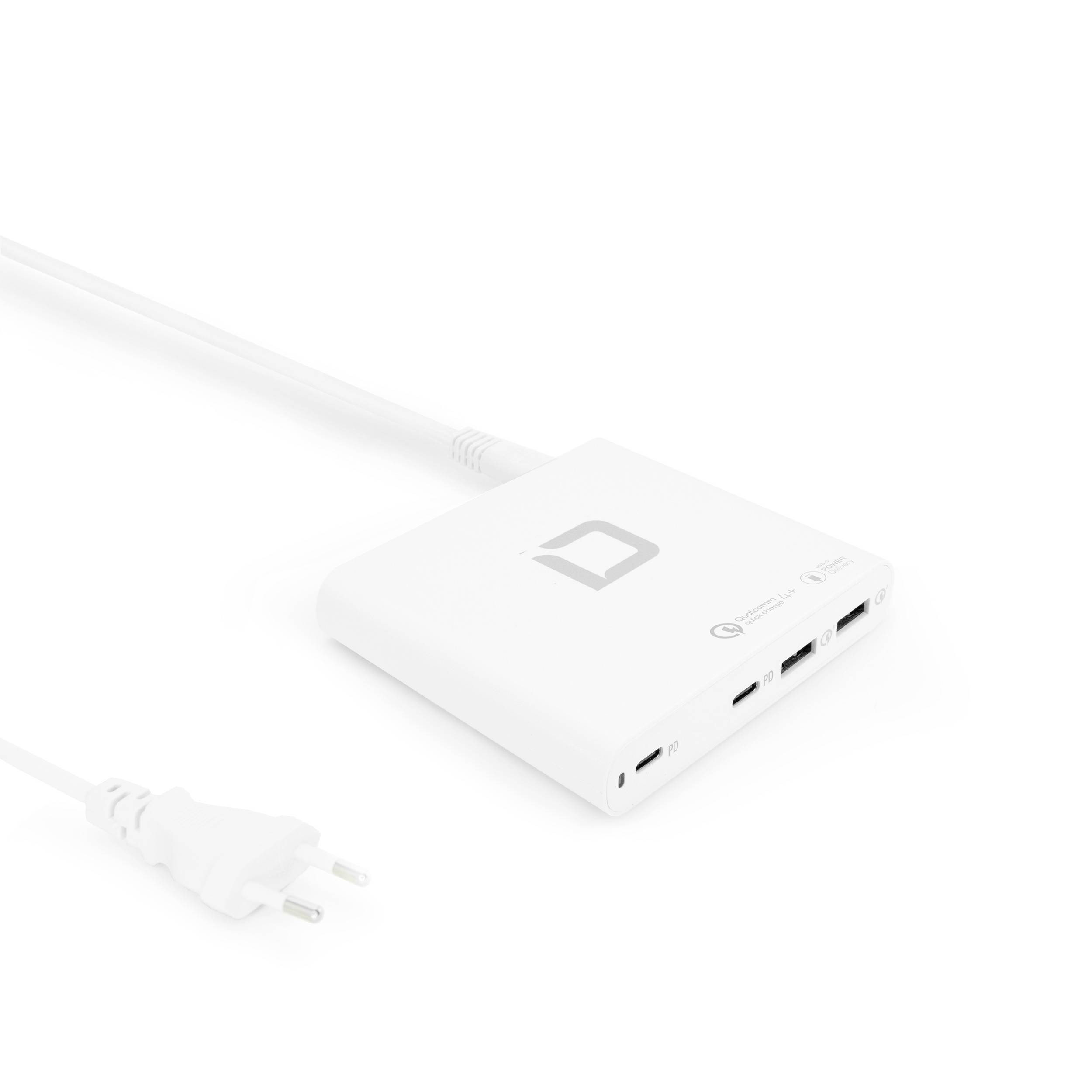 Un caricabatterie elettrico bianco con più porte USB e una spina europea.