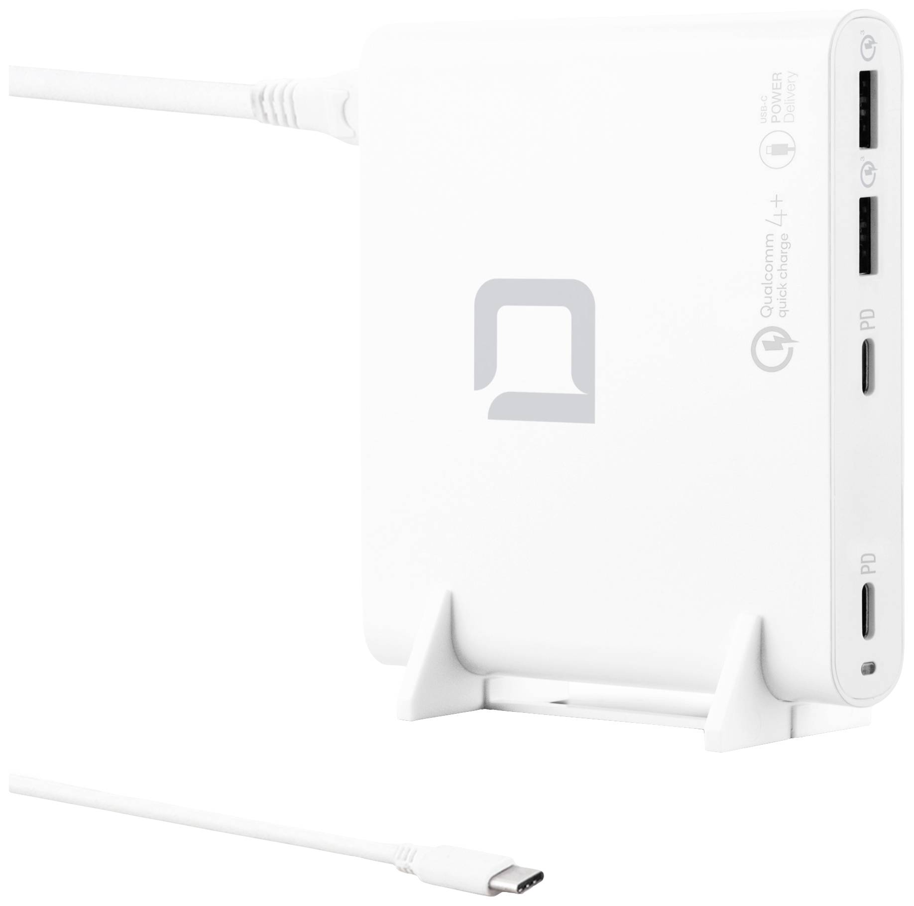 Un caricabatterie bianco con più porte USB e un cavo USB-C rimovibile, adatto per caricare contemporaneamente più dispositivi.