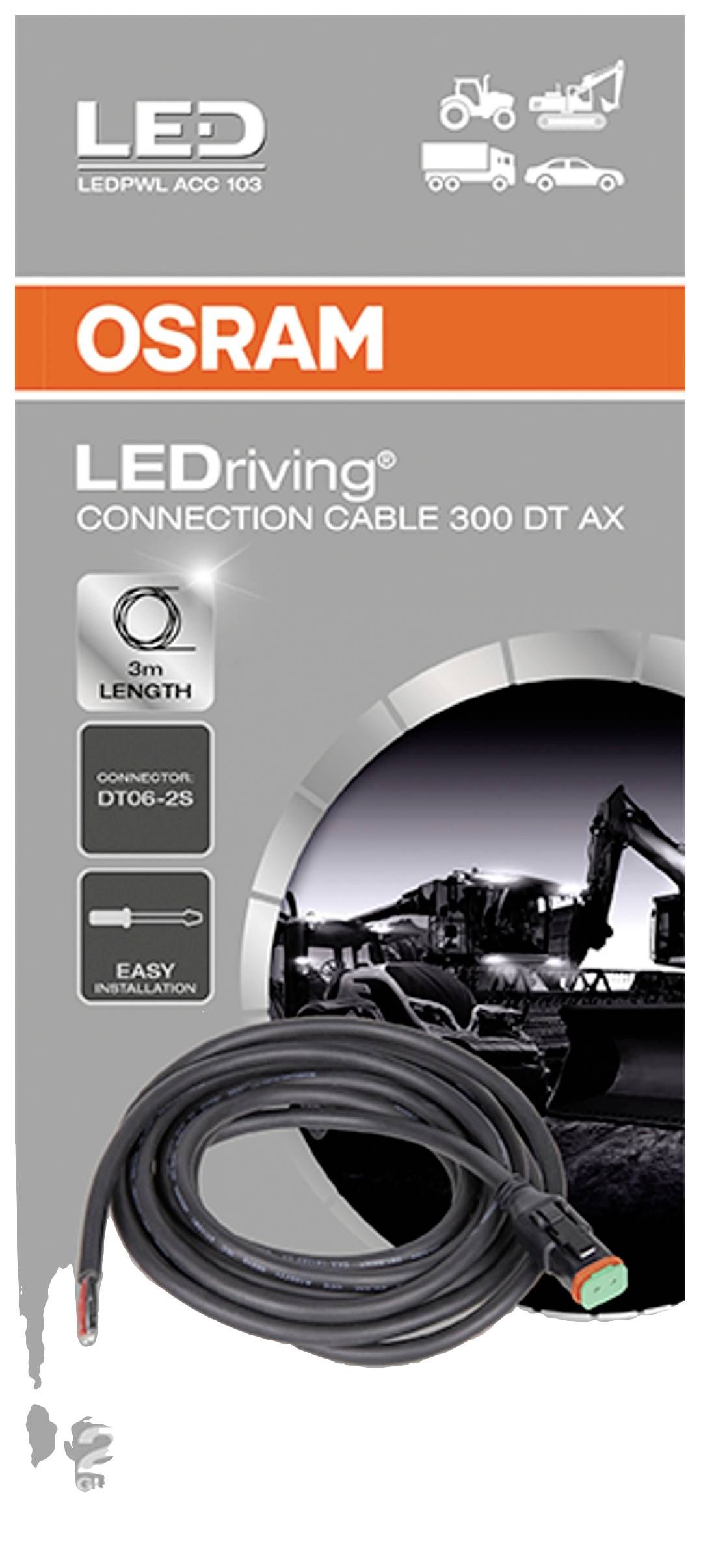 'OSRAM LEDriving Cavo di collegamento 300 DT AX, lunghezza 3m, facile da installare. Immagine: Operaio edile con escavatore sullo sfondo.'