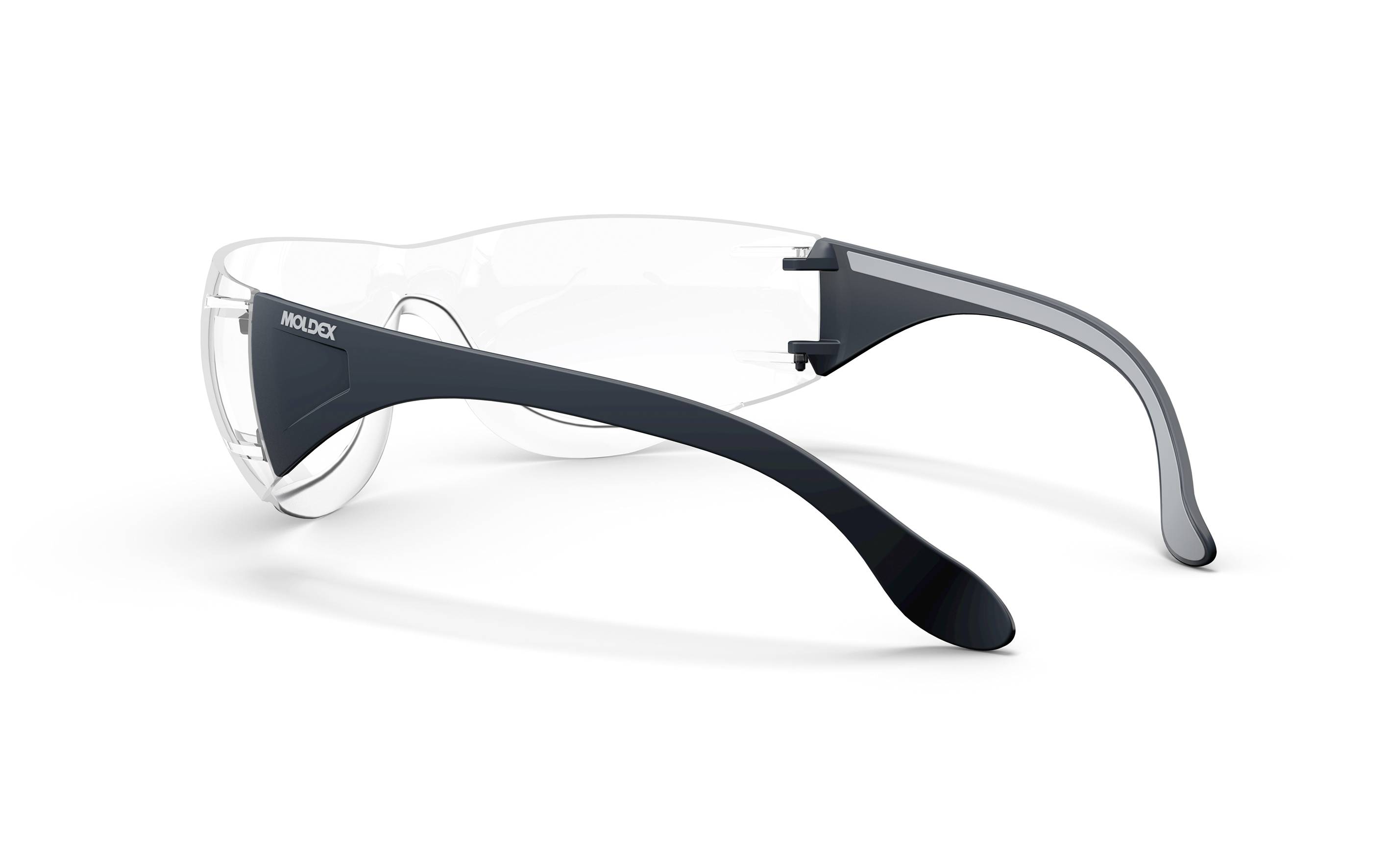 Occhiali protettivi con lenti trasparenti e stanghette nere, vista laterale. Ideali per l'uso in ambienti industriali.