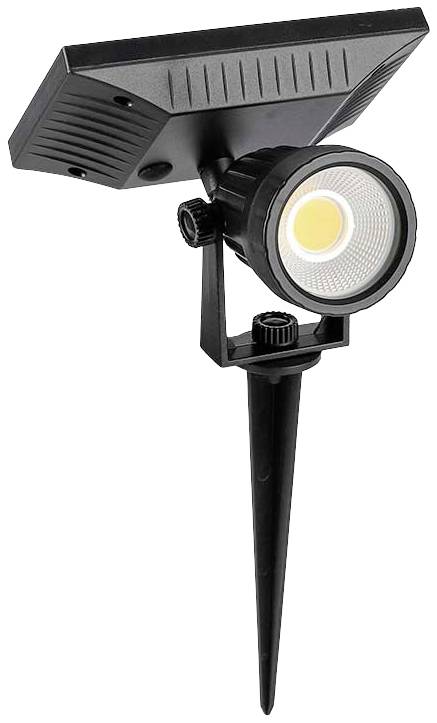 Una lampada da giardino LED solare nera con picchetto di terra e pannello solare regolabile, adatta per illuminazione esterna.