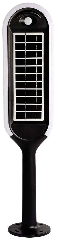 Lampada solare nera con pannello solare rettangolare sulla parte superiore di un piedistallo.