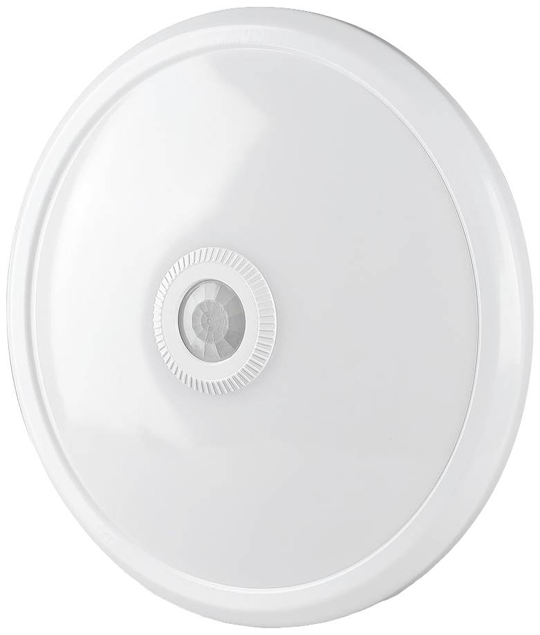 Un coperchio rotondo bianco con un sensore centrale, probabilmente un sensore di movimento per un'illuminazione o un dispositivo simile.