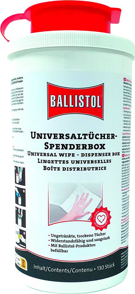 Scatola dispenser 'Ballistol Universal' con 130 salviette pre-impregnate e asciutte. Idonee per pulire e proteggere diverse superfici.