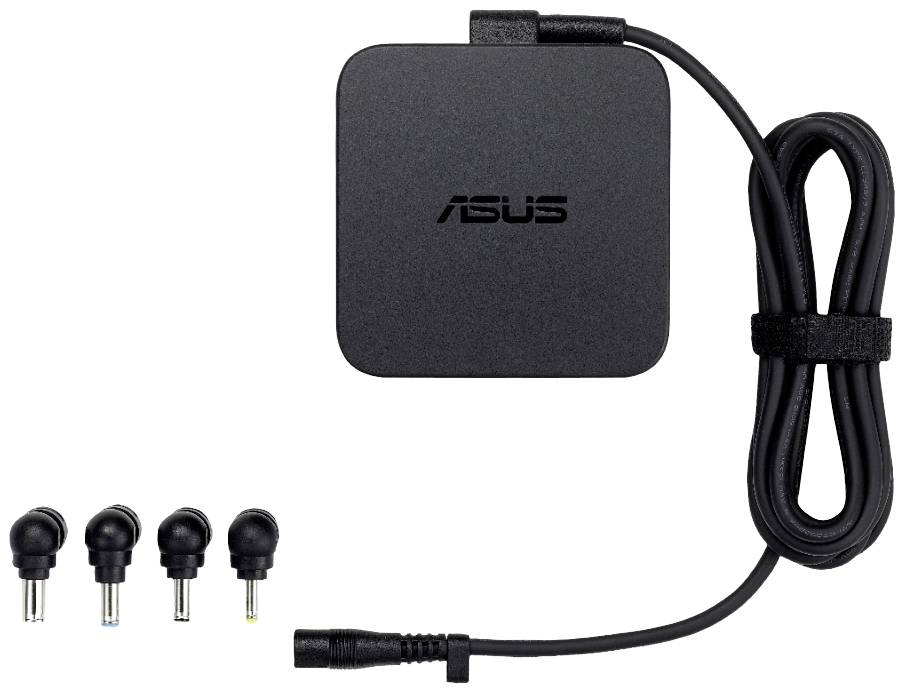 Un caricabatterie Asus nero con cavo e quattro diversi adattatori, adatto per vari dispositivi.