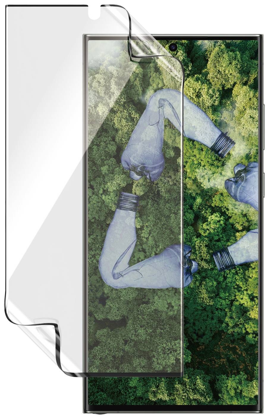 Un smartphone con vetro arrotondato che mostra un'immagine di due mani in calzini blu che puntano su uno sfondo verde lussureggiante.