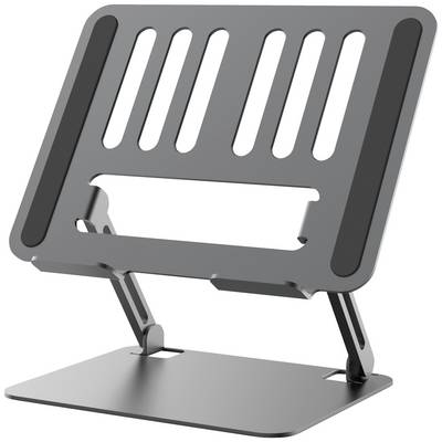 Un supporto per laptop regolabile in metallo nero con fessure di ventilazione. Adatto per sostenere laptop o tablet.