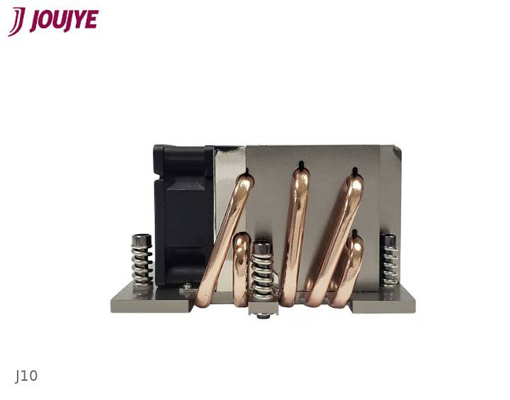 Componente elettronica compatta con bobine di rame e molle su un involucro grigio, prodotta da un'azienda chiamata Jouye.