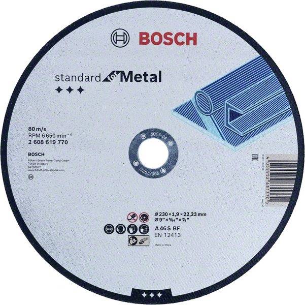 Disco abrasivo Bosch con scritta 'standard for Metal', diametro 230 mm, per lavorazione dei metalli.