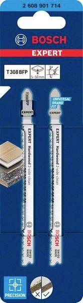 Due lame per seghetto alternativo Bosch 'Expert', adatte per legno/MDF, imballate. La confezione mostra i dettagli del prodotto e le istruzioni per l'uso.