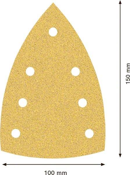 'Carta vetrata a forma triangolare con sei fori rotondi. Dimensioni: 150 mm di lunghezza, 100 mm di larghezza.'