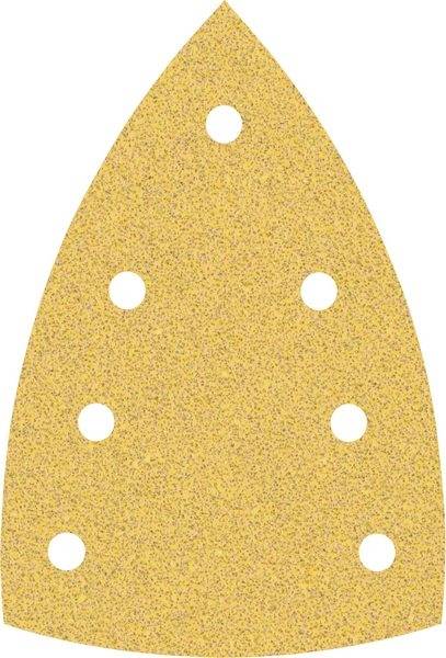 Carta abrasiva gialla a forma triangolare con sei fori equidistanti, progettata per l'uso su una levigatrice orbitale.