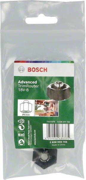 Confezione di un Bosch Advanced TrimRouter 18V-8 con immagine della fresa e simboli che rappresentano funzioni e compatibilità.