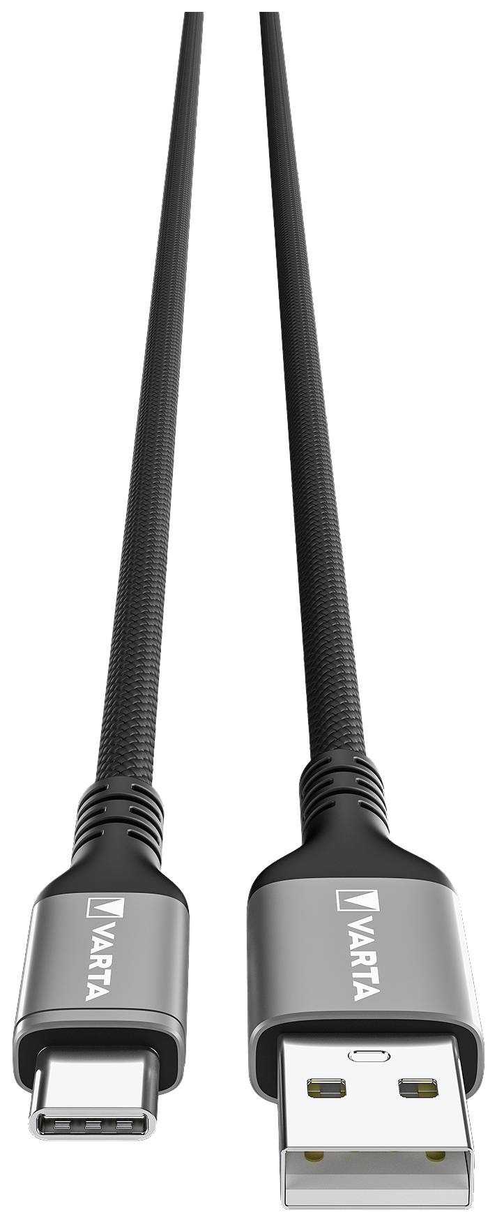 Un cavo di ricarica e connessione con connettori USB-A e USB-C, idoneo per il trasferimento dati e la ricarica di dispositivi.