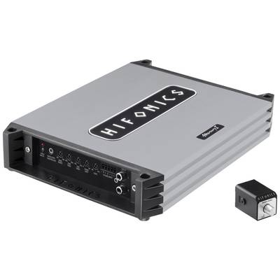 Amplificatore Hifonics 'Brutus' in argento con bordo nero, dotato di molteplici connessioni e un regolatore di volume separato.