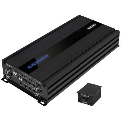 Amplificatore nero con connessioni argentate, scritta 'CRUNCH' blu, accompagnato da una piccola unità di controllo separata.