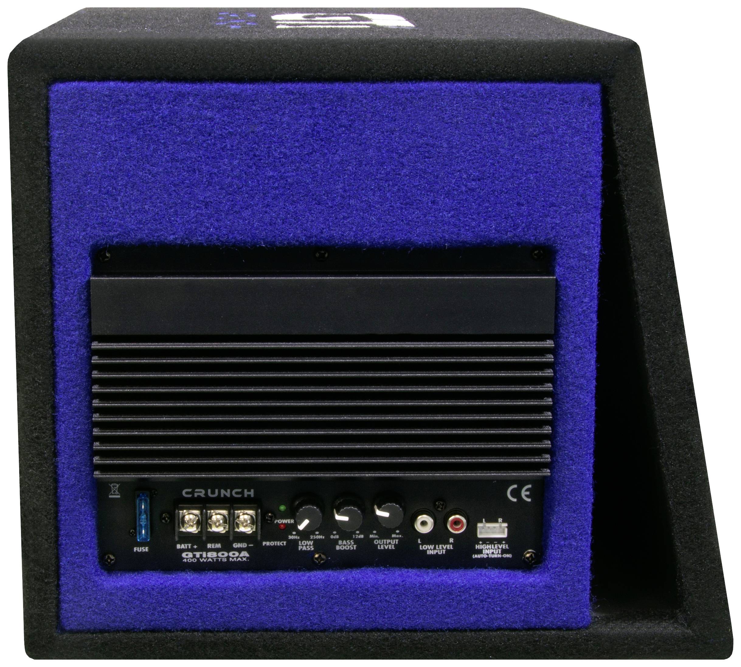Involucro dell'amplificatore con rivestimento interno in feltro blu e pannello di controllo nero con connessioni e comandi, adatto per amplificazione audio.