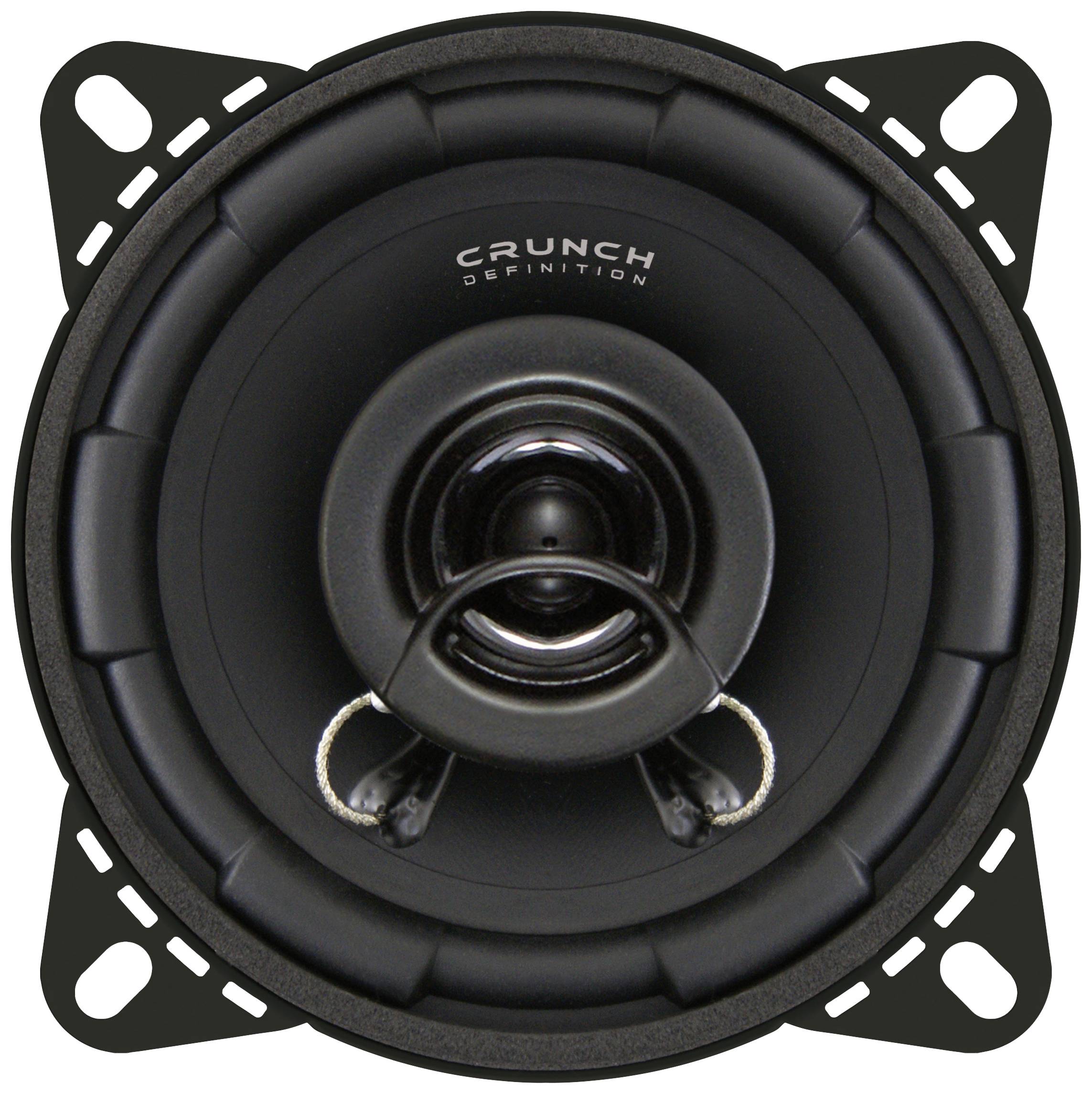 Modulo altoparlante nero rotondo con elementi metallici, cono centrale e scritta 'CRUNCH DEFINITION' visibile in alto.