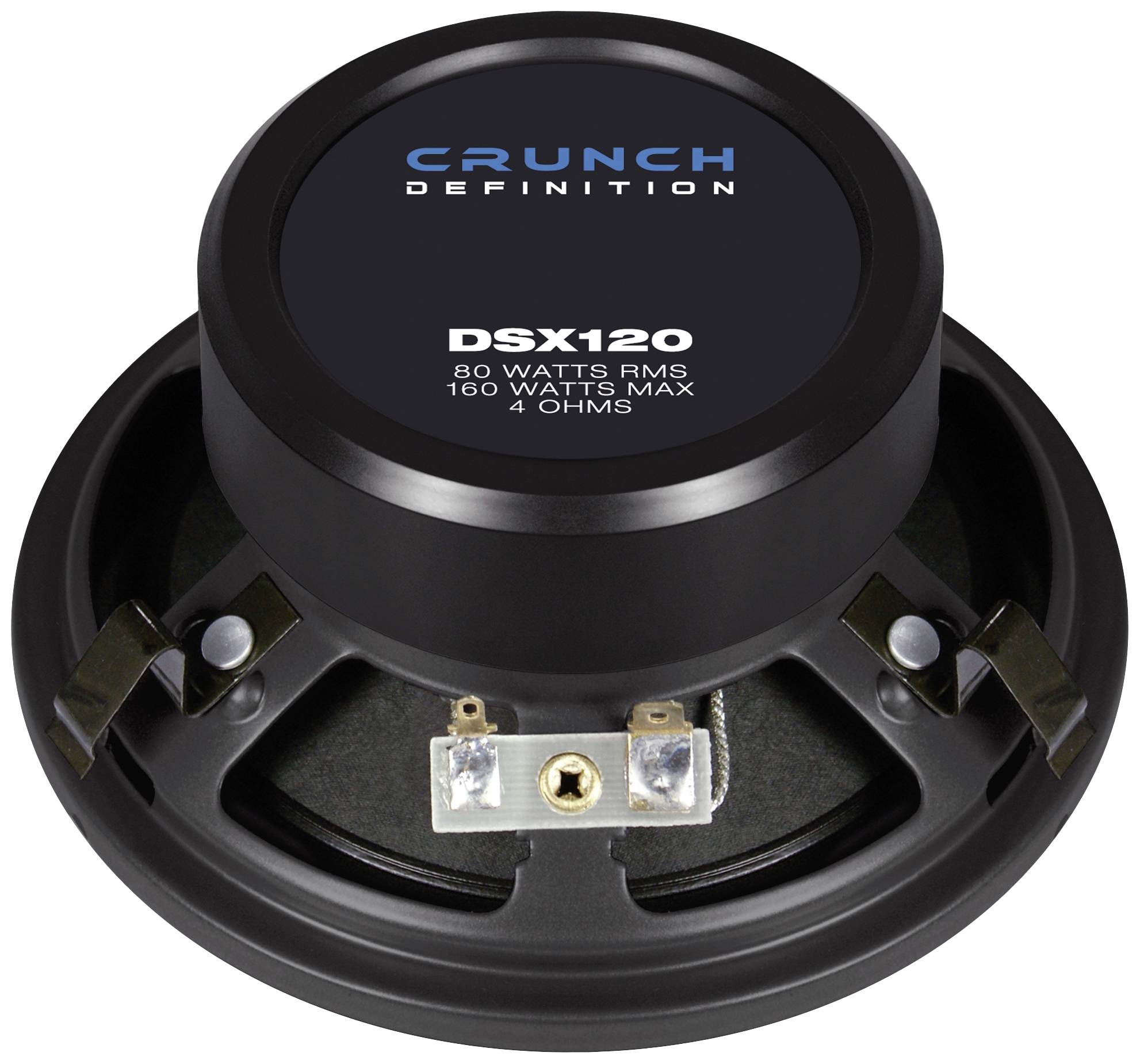 Retro altoparlante con scritta 'CRUNCH DEFINITION DSX120', potenza '80 Watts RMS, 160 Watts Max, 4 Ohms'.