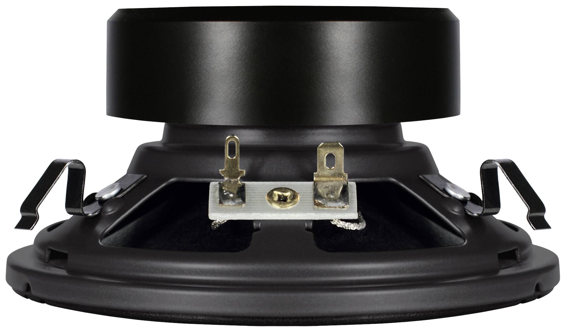 Altoparlante nero visto dal basso con connessioni e supporti visibili.
