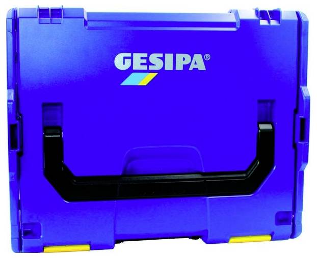 Cassetta degli attrezzi blu con manico nero e il nome del marchio 'GESIPA' stampato in bianco sulla parte superiore.