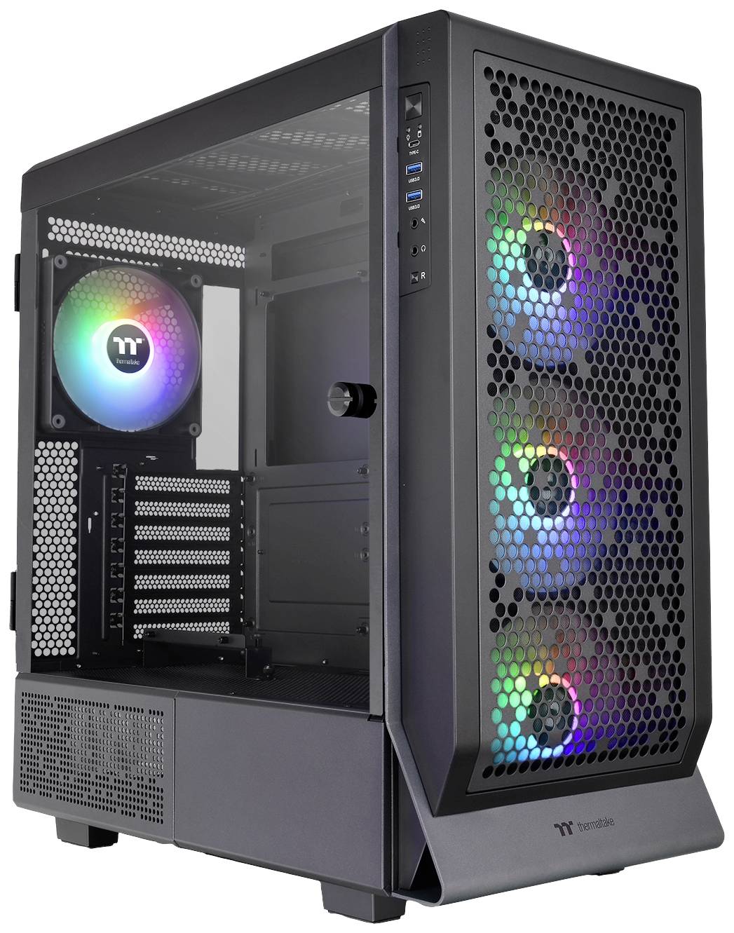 Case nero per computer con finestra laterale trasparente, che mostra quattro ventole con illuminazione LED colorata sul lato anteriore e posteriore.