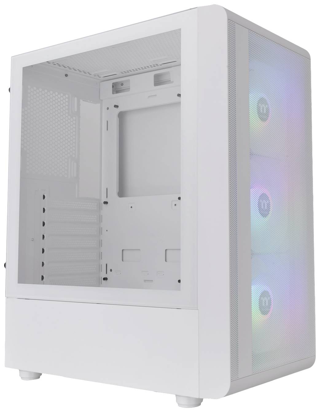Case bianco per PC con tre ventole LED colorate sul davanti e finestra laterale in vetro.