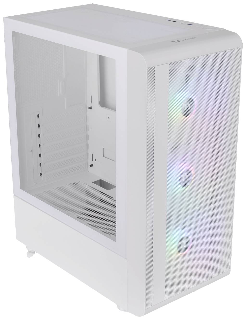 Un case per PC bianco con pannello laterale trasparente, tre ventole frontali con illuminazione RGB. Adatto per appassionati di assemblaggio PC.