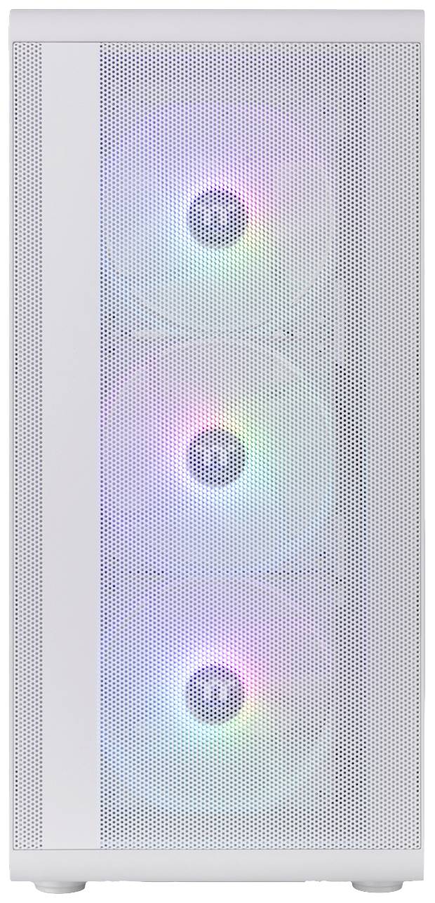 Un case per PC bianco con tre ventole visibili, illuminate da luci RGB colorate, sul lato frontale.