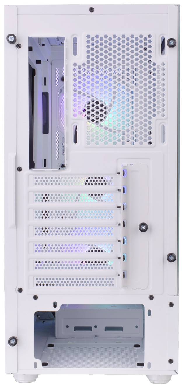 Parte posteriore bianca di un case per computer con diversi slot PCIe e un ventilatore illuminato.