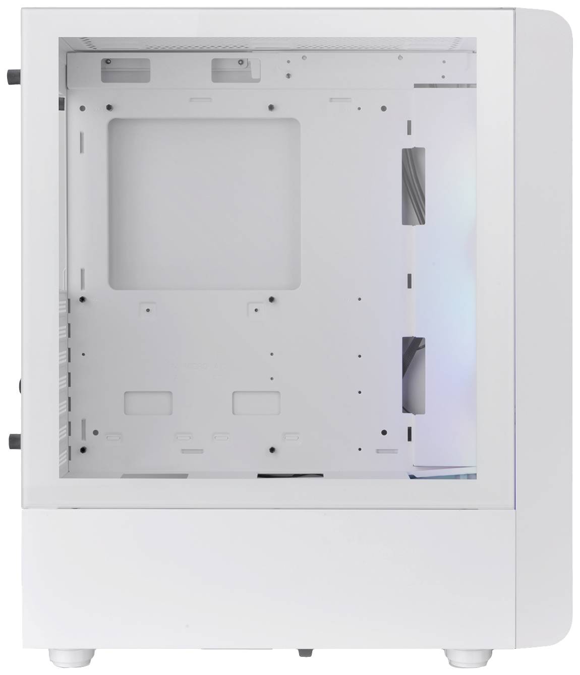 Custodia per computer bianca con pannello laterale trasparente, priva di hardware installato.
