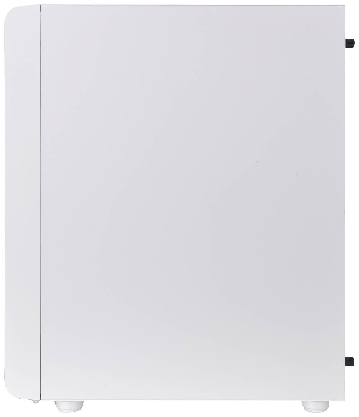 Involucro del computer dal design semplice e bianco, privo di elementi di controllo o connettori visibili. Vista laterale minimalista.