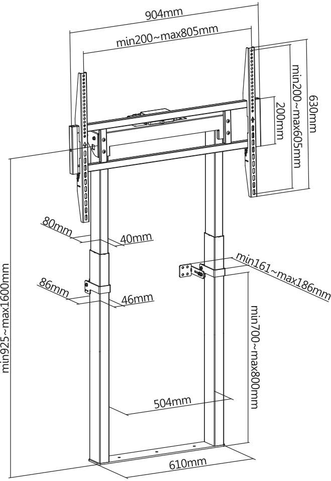 Istruzioni di montaggio per supporto TV: misure e distanze per l'installazione illustrate. Regolazione di larghezza e altezza, passaggi di fissaggio definitivi.