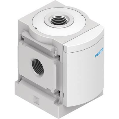 Una valvola industriale Festo, di colore grigio, con raccordi cilindrici sulla parte superiore e laterale.
