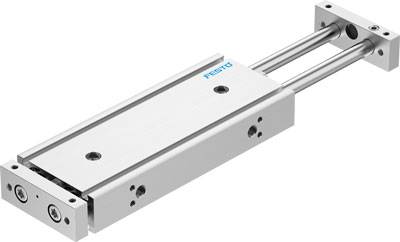 Slitta di guida cilindrica Festo, con due barre di guida parallele e slitta rettangolare per un movimento di precisione.