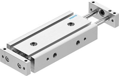Attuatore lineare in argento con due guide e multiple posizioni di vite e connessione, idoneo per applicazioni industriali.