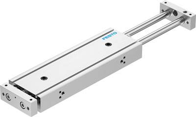 Un carrello pneumatico Festo, adatto a movimenti lineari precisi in applicazioni industriali, grigio con dettagli blu.