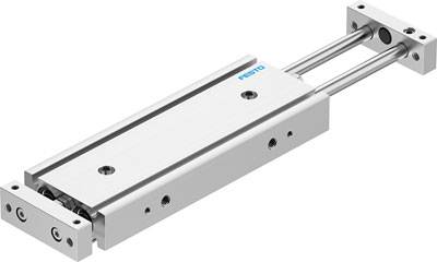 Azionamento lineare del marchio 'Festo', composto da due barre metalliche parallele e una slitta allungata al centro.