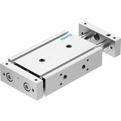 Slitta pneumatica Festo con piastra di base rettangolare e colonne di guida, adatta per movimenti lineari precisi in applicazioni industriali.