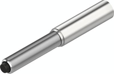 Sensore cilindrico metallico con corpo filettato e estremità arrotondata. Adatto al rilevamento di oggetti in applicazioni ingegneristiche.
