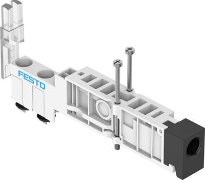 Attacco di ventilazione con alloggiamento fisso e due viti, marca 'Festo', per sistemi pneumatici in applicazioni industriali.