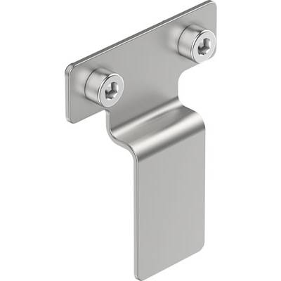 Supporto metallico argentato, rettangolare con gancio angolato, dotato di due fori per viti per il montaggio a parete.
