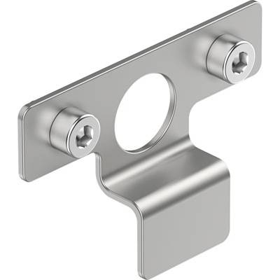 Componente metallica con due viti e un foro centrale, utilizzata per il fissaggio o il supporto di oggetti in applicazioni tecniche.
