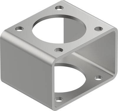 Elemento metallico a forma di cubo con bordi arrotondati e diverse aperture circolari.