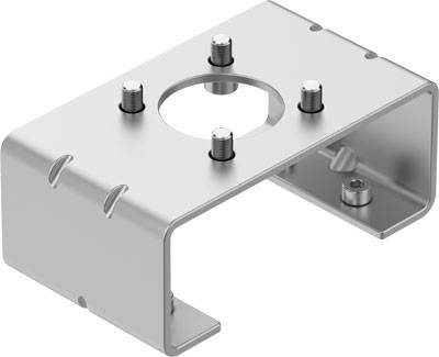Supporto metallico con cinque viti, di forma rettangolare e con foro centrale. Utilizzato per installazioni tecniche o fissaggi.