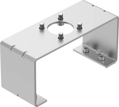 Supporto metallico di forma rettangolare, con cinque fori per viti nella parte superiore e due per il fissaggio sul lato inferiore.