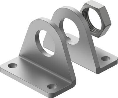 Supporti metallici con fori e dado esagonale accanto, probabilmente per fissaggi strutturali o sistemi di montaggio.
