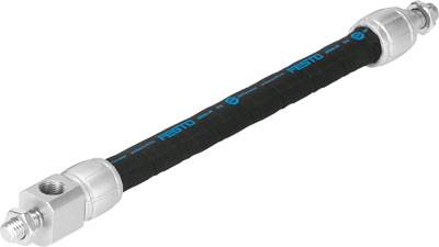Tubo idraulico con raccordi in acciaio inox alle estremità, tubo flessibile nero con marcature blu 'Festo' lungo la lunghezza.